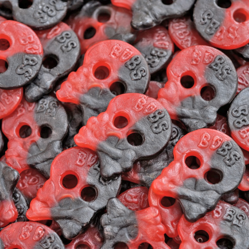 Raspberry Licorice Chewy Skulls — ultimate Swedish mix - tangy raspberry meets bold salty licorice in a chewy skull classic