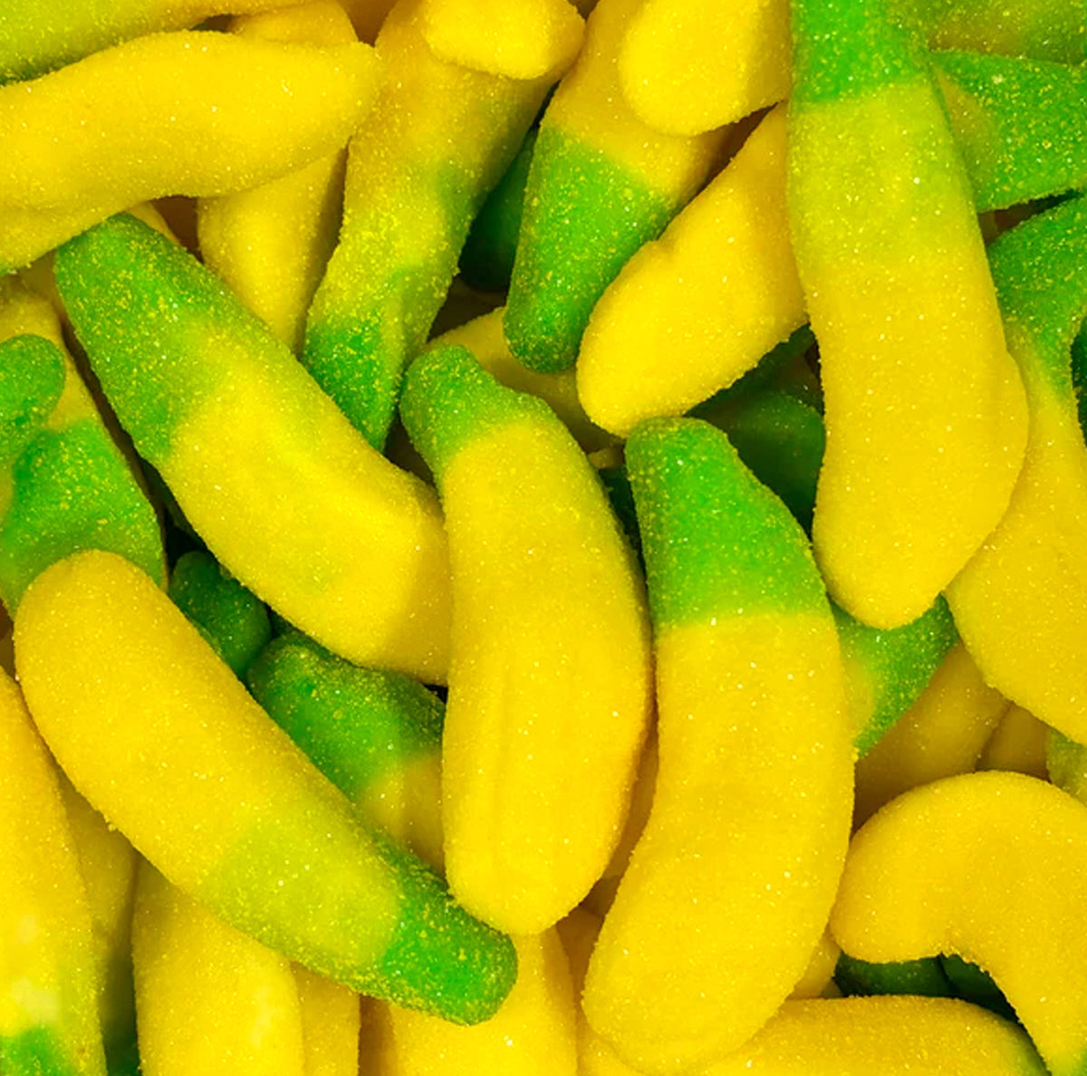 Banana Cream Chews — Soft banana-shaped gummies with a creamy filling inside