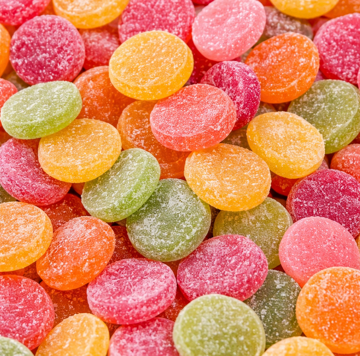Fruity Coins — Sweet, chewy coins dusted with sugar Bursting with pear, raspberry, orange and pineapple