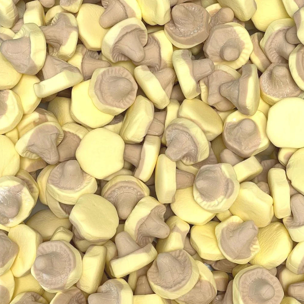 Banana Caramel Mushrooms — Banana cap, caramel stem, marshmallow-light through and through