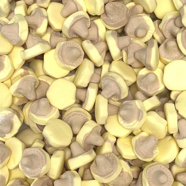 Banana Caramel Mushrooms — Banana cap, caramel stem, marshmallow-light through and through