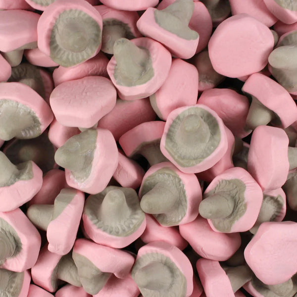 Raspberry Licorice Mushrooms — Raspberry cap, licorice stem, marshmallow-light through and through