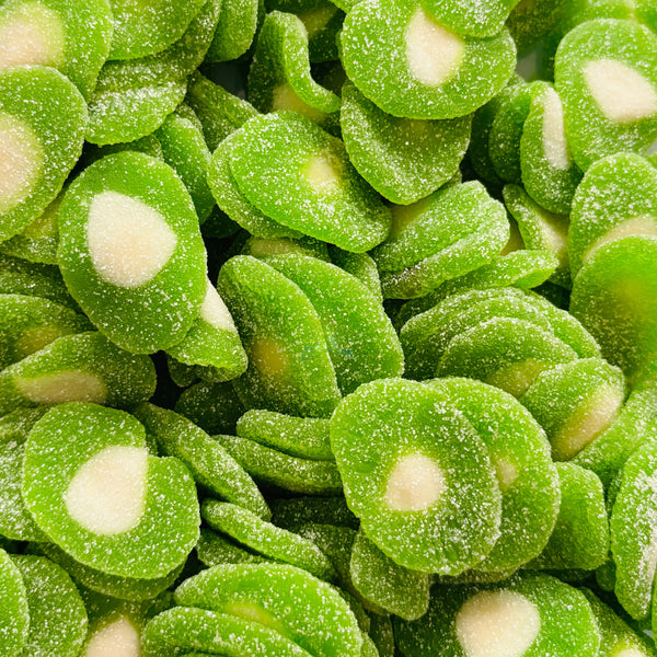 Kiwi Fizz Slices — Kiwi but fizzy. Sweet, chewy, sour-sugar dusted, shaped like the real fruit