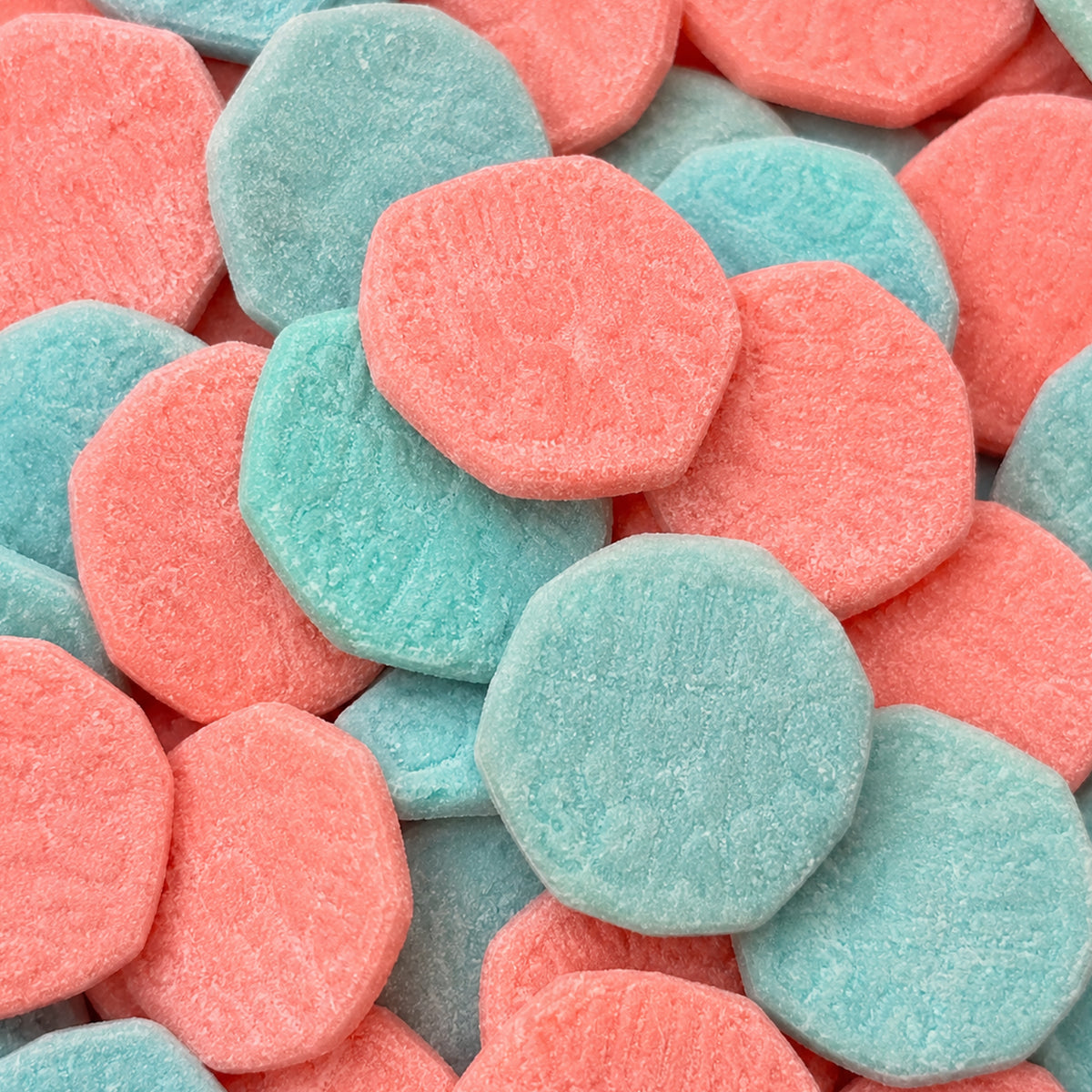 Sour Fizzy Badges — Octagon foam badges with a sour-fizzy coat