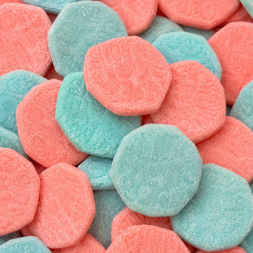 Sour Fizzy Badges — Octagon foam badges with a sour-fizzy coat